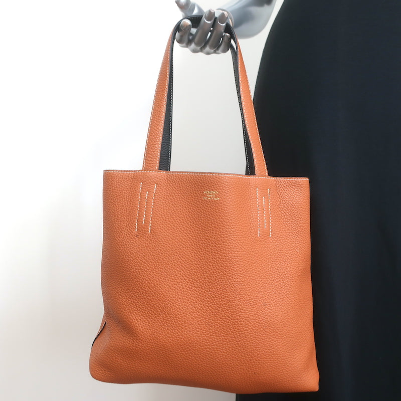 Hermes Sac Double Sens 32 Reversible Tote Black &amp; Orange Clemence Leather