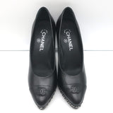 Chanel 14B CC Cap Toe Chain Platform Pumps Black Leather Size 38.5