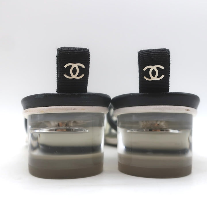 Chanel 2019 PVC Lucite-Heel Logo Mules Black Lambskin Leather Size 37C
