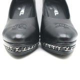 Chanel 14B CC Cap Toe Chain Platform Pumps Black Leather Size 38.5