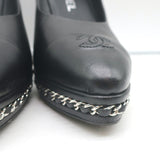 Chanel 14B CC Cap Toe Chain Platform Pumps Black Leather Size 38.5