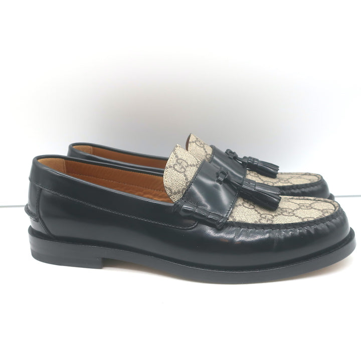 Gucci Kaveh GG Supreme Tassel Loafers Beige Canvas &amp; Black Leather Size 7.5/ US 10.5 NEW