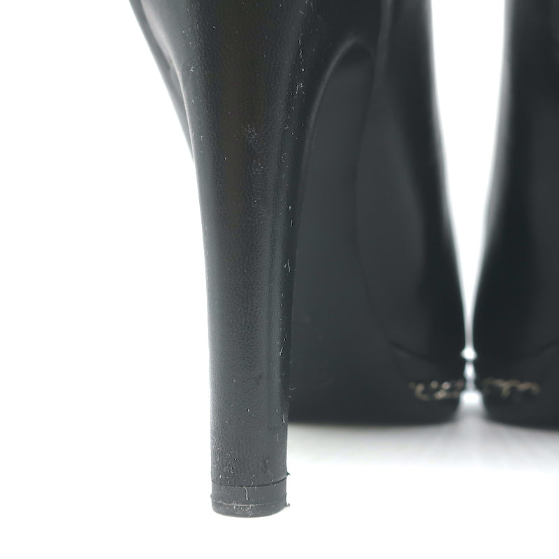 Chanel 14B CC Cap Toe Chain Platform Pumps Black Leather Size 38.5