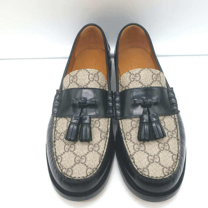 Gucci Kaveh GG Supreme Tassel Loafers Beige Canvas &amp; Black Leather Size 7.5/ US 10.5 NEW