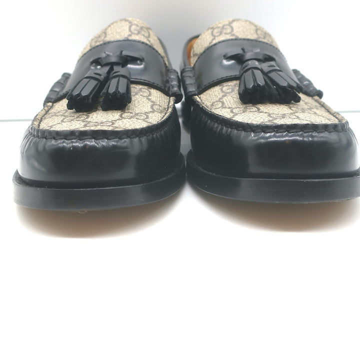 Gucci Kaveh GG Supreme Tassel Loafers Beige Canvas &amp; Black Leather Size 7.5/ US 10.5 NEW