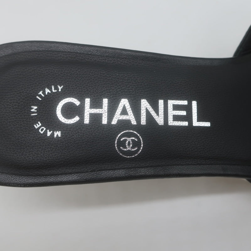 Chanel 2019 PVC Lucite-Heel Logo Mules Black Lambskin Leather Size 37C