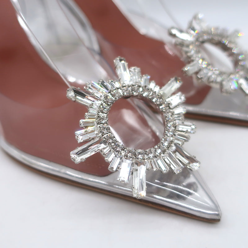 Amina Muaddi Begum Glass Crystal-Embellished Slingback Heels Silver Size 38