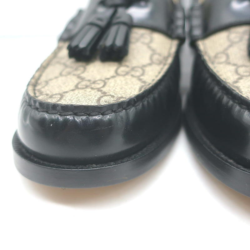 Gucci Kaveh GG Supreme Tassel Loafers Beige Canvas &amp; Black Leather Size 7.5/ US 10.5 NEW