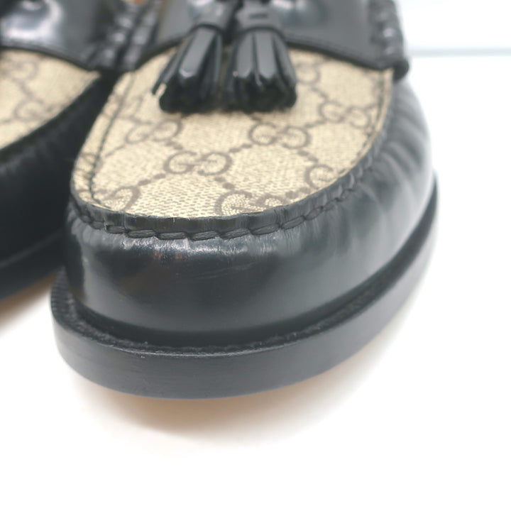 Gucci Kaveh GG Supreme Tassel Loafers Beige Canvas &amp; Black Leather Size 7.5/ US 10.5 NEW