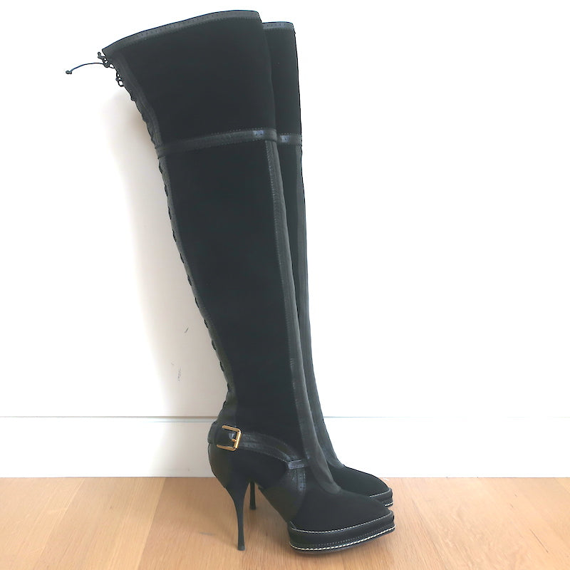 Christian Dior Intrigante Over the Knee Boots Black Suede &amp; Leather Size 39