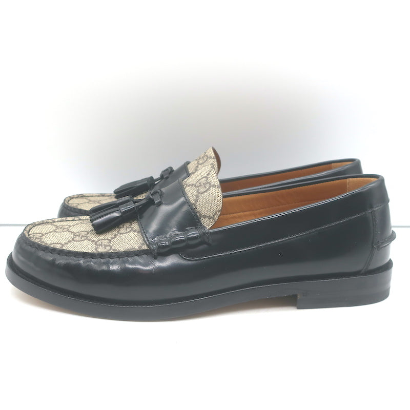 Gucci Kaveh GG Supreme Tassel Loafers Beige Canvas &amp; Black Leather Size 7.5/ US 10.5 NEW