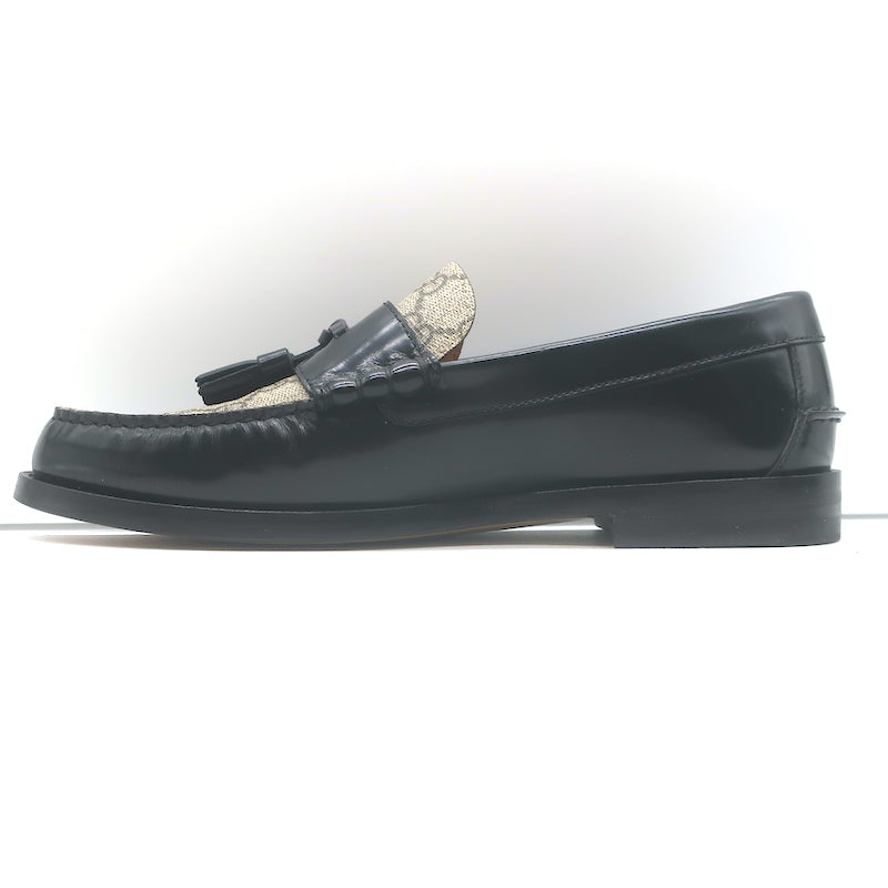 Gucci Kaveh GG Supreme Tassel Loafers Beige Canvas &amp; Black Leather Size 7.5/ US 10.5 NEW
