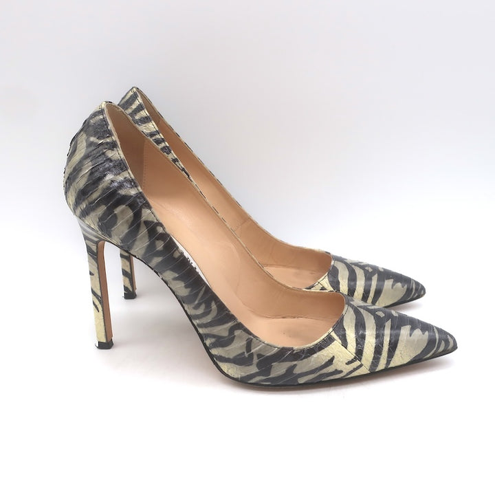 Manolo Blahnik BB 105 Zebra Print Snakeskin Pumps Gray/Black Size 36.5