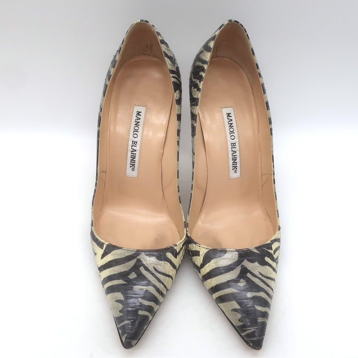 Manolo Blahnik BB 105 Zebra Print Snakeskin Pumps Gray/Black Size 36.5