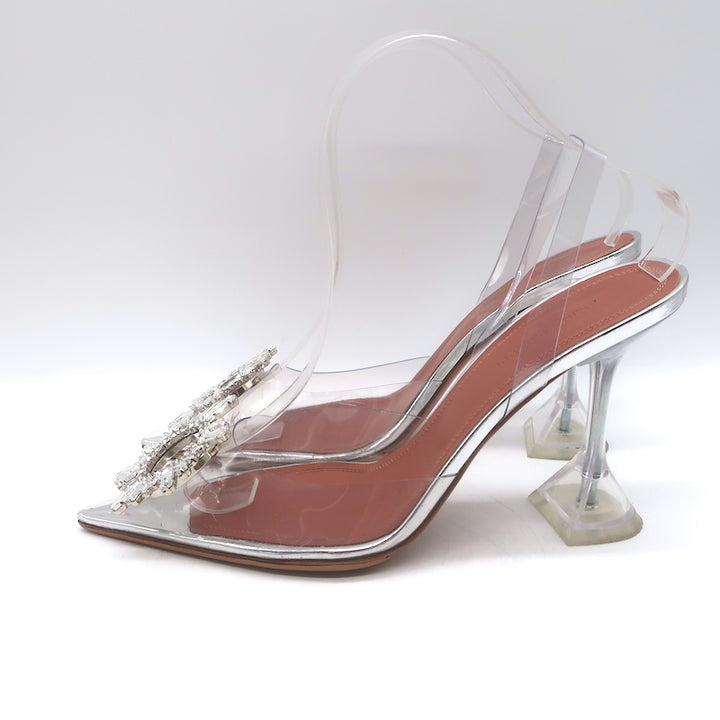 Amina Muaddi Begum Glass Crystal-Embellished Slingback Heels Silver Size 38
