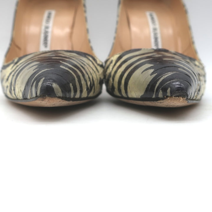 Manolo Blahnik BB 105 Zebra Print Snakeskin Pumps Gray/Black Size 36.5
