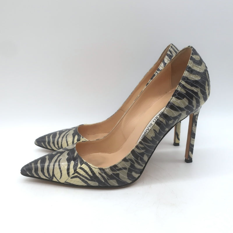 Manolo Blahnik BB 105 Zebra Print Snakeskin Pumps Gray/Black Size 36.5