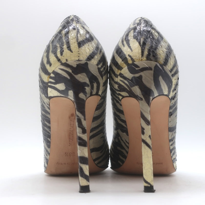 Manolo Blahnik BB 105 Zebra Print Snakeskin Pumps Gray/Black Size 36.5