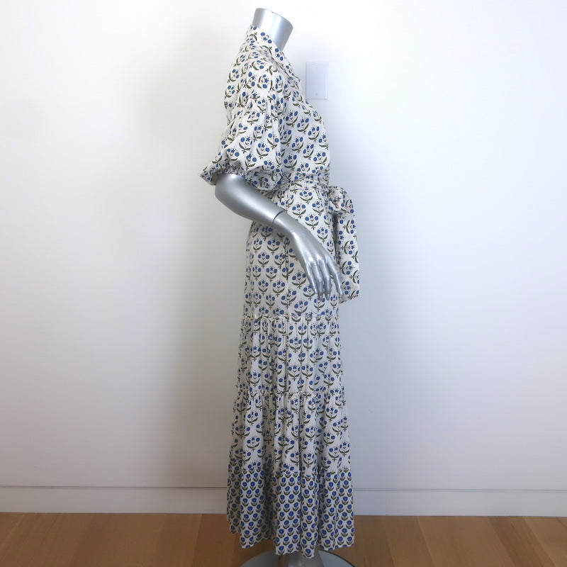 MISA Daniela Puff Sleeve Belted Maxi Dress Cream Floral Print Size Extra Small