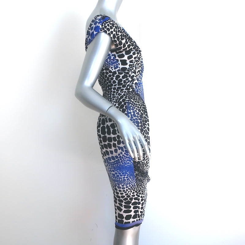 Roberto Cavalli Asymmetric Ruched Dress Black &amp; Blue Animal Print Jersey Size 42