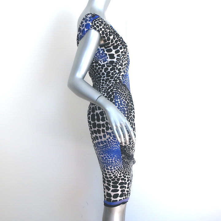 Roberto Cavalli Asymmetric Ruched Dress Black &amp; Blue Animal Print Jersey Size 42