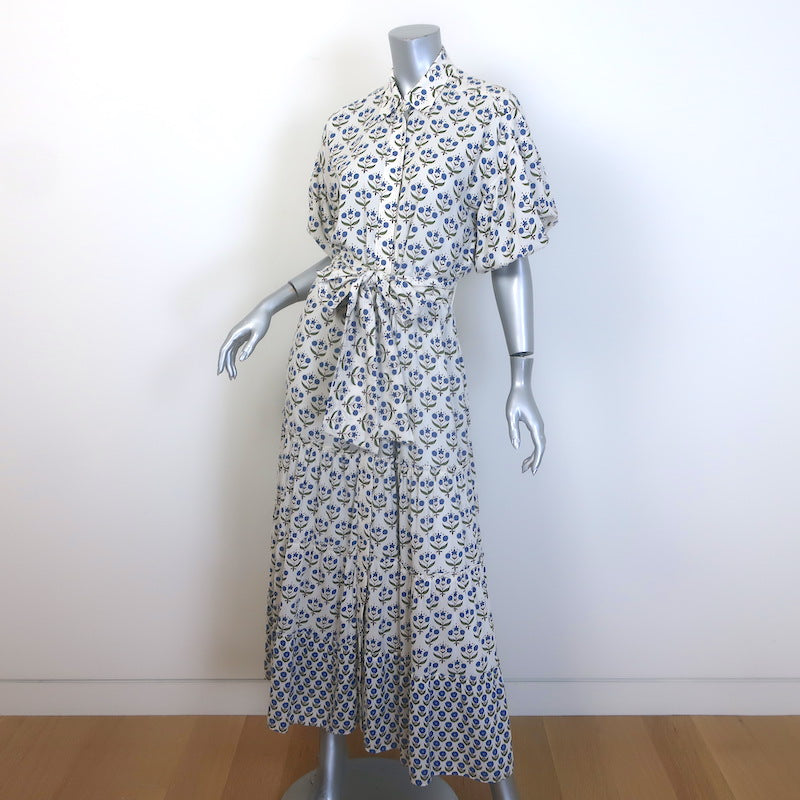 MISA Daniela Puff Sleeve Belted Maxi Dress Cream Floral Print Size Extra Small