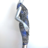 Roberto Cavalli Asymmetric Ruched Dress Black & Blue Animal Print Jersey Size 42