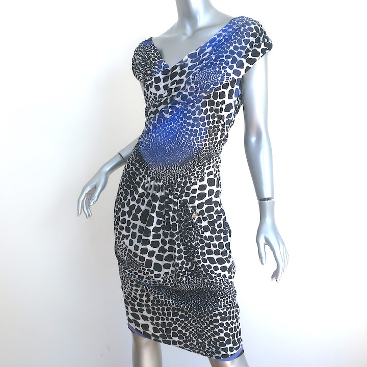 Roberto Cavalli Asymmetric Ruched Dress Black &amp; Blue Animal Print Jersey Size 42
