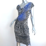 Roberto Cavalli Asymmetric Ruched Dress Black & Blue Animal Print Jersey Size 42