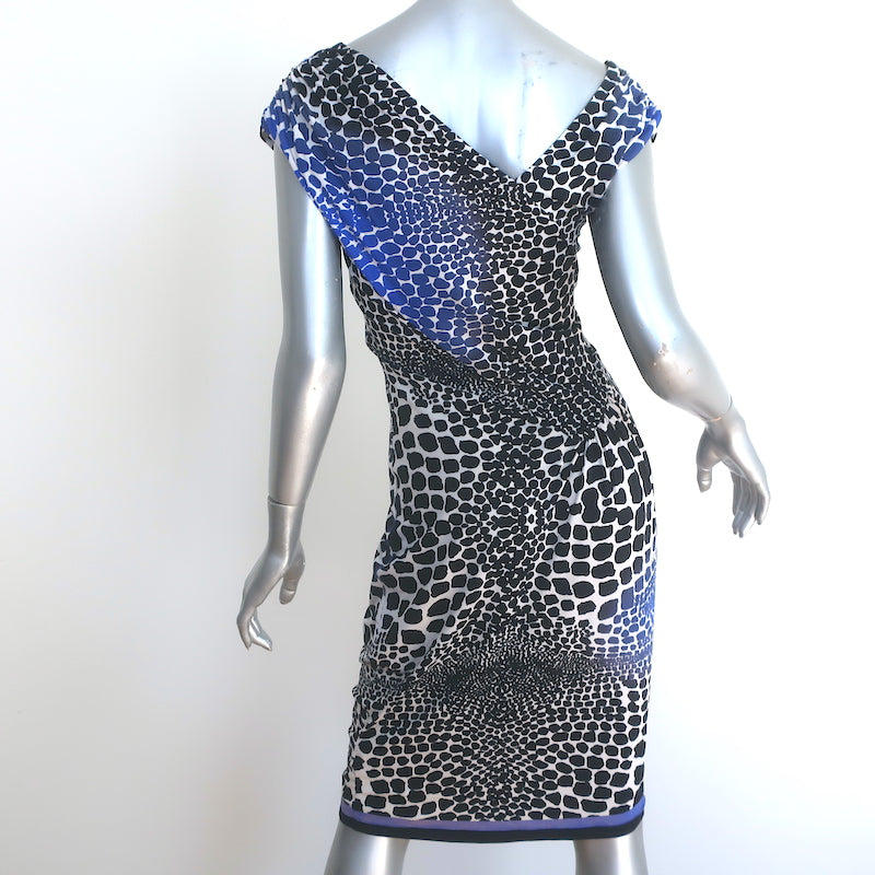 Roberto Cavalli Asymmetric Ruched Dress Black &amp; Blue Animal Print Jersey Size 42