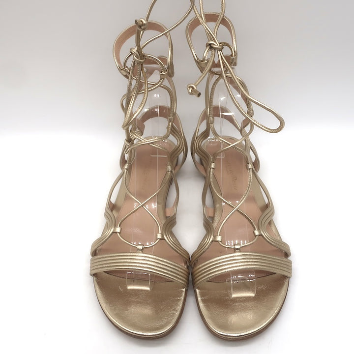 Gianvito Rossi Hydra Flat Gladiator Sandals Gold Metallic Leather Size 37