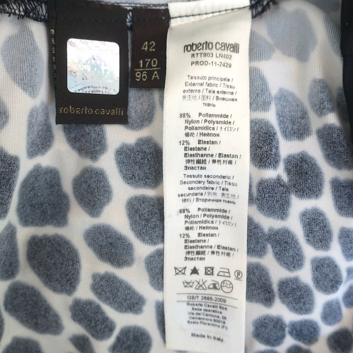 Roberto Cavalli Asymmetric Ruched Dress Black &amp; Blue Animal Print Jersey Size 42