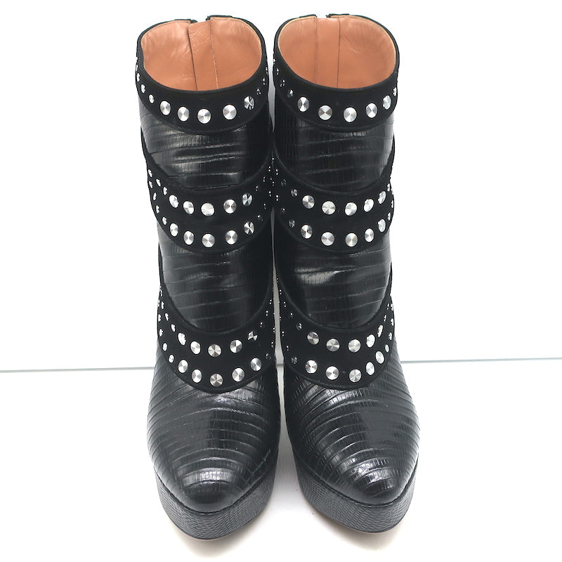Alaia Studded Platform Boots Black Suede &amp; Lizard-Embossed Leather Size 39.5