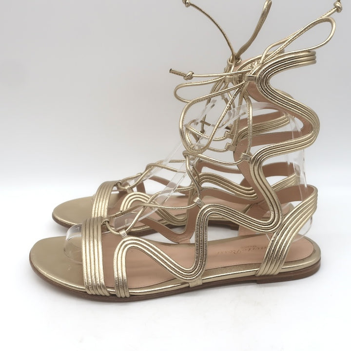 Gianvito Rossi Hydra Flat Gladiator Sandals Gold Metallic Leather Size 37