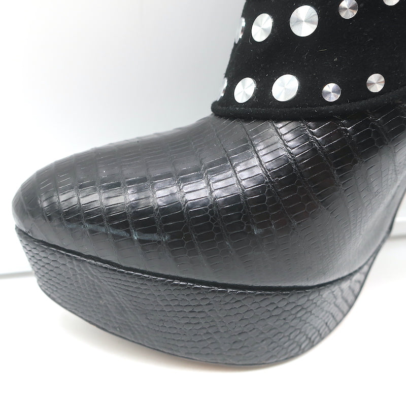 Alaia Studded Platform Boots Black Suede &amp; Lizard-Embossed Leather Size 39.5