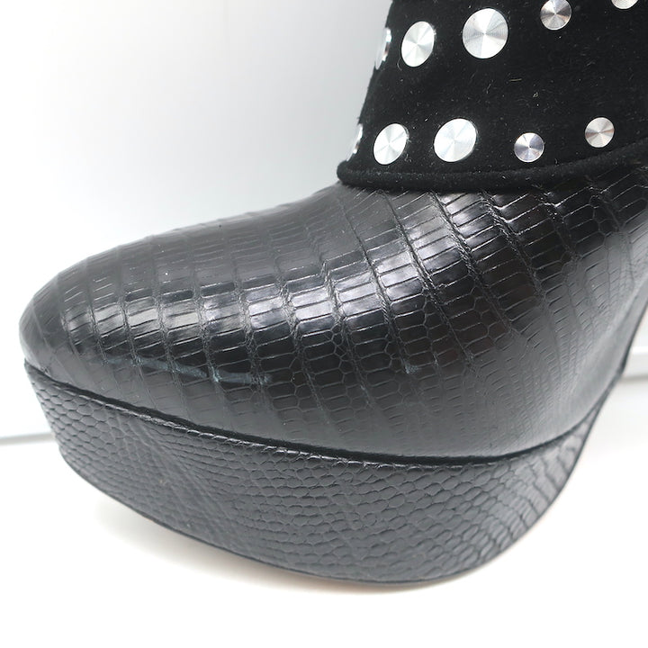 Alaia Studded Platform Boots Black Suede &amp; Lizard-Embossed Leather Size 39.5