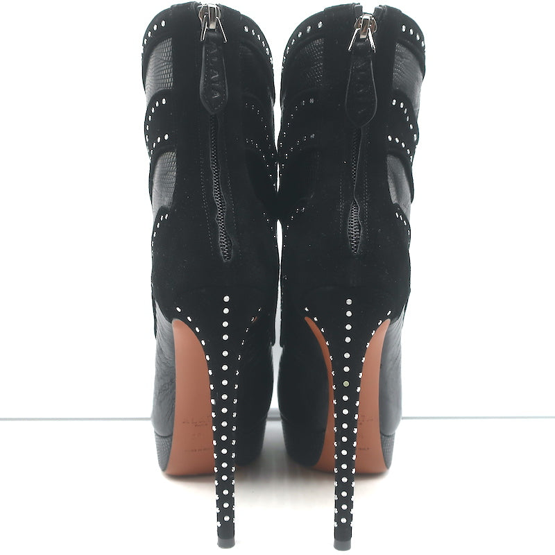 Alaia Studded Platform Boots Black Suede &amp; Lizard-Embossed Leather Size 39.5