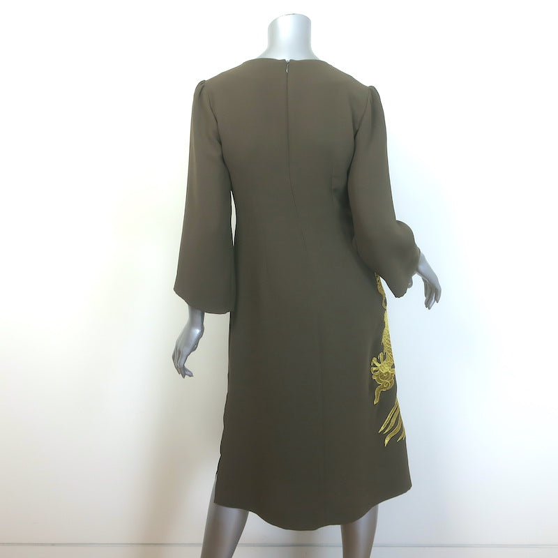 Shannon McLean Dragon-Embroidered Midi Dress Olive Brown Size Small