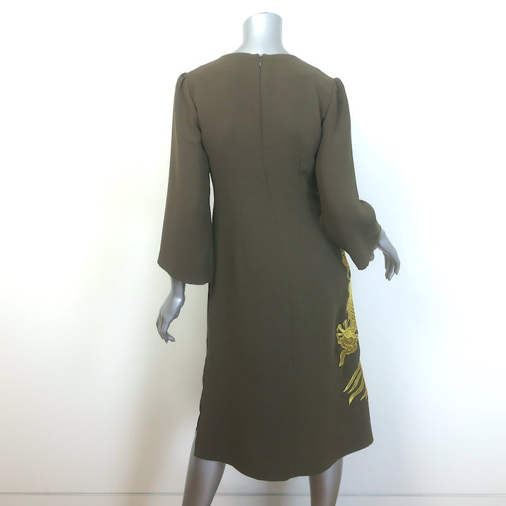 Shannon McLean Dragon-Embroidered Midi Dress Olive Brown Size Small