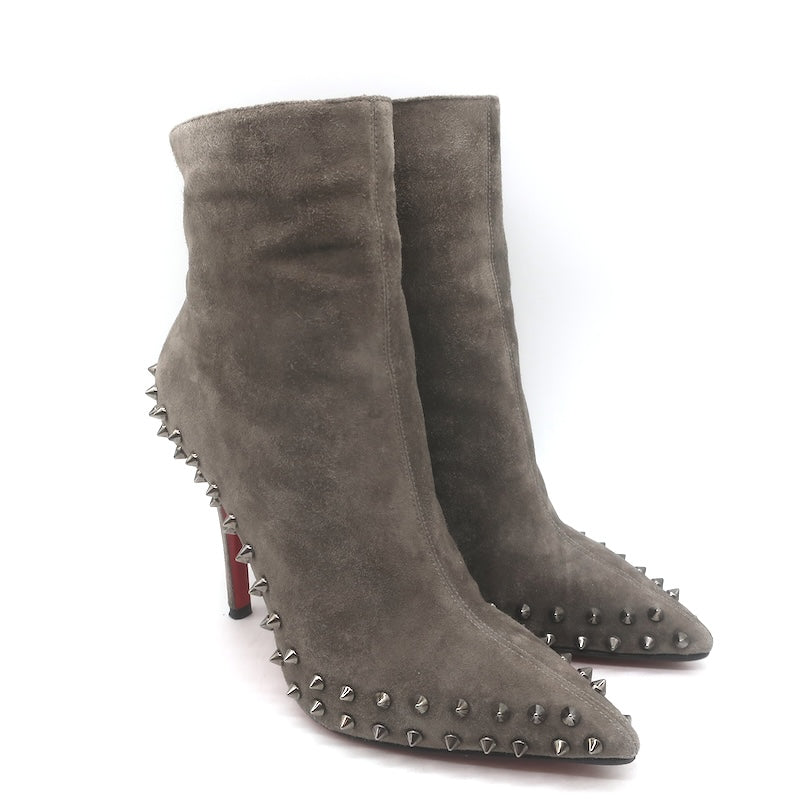 Christian Louboutin Willetta Spiked Ankle Boots Taupe Gray Suede Size 37