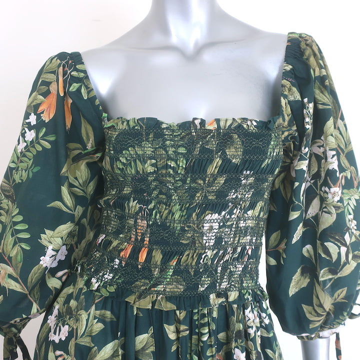 Cara Cara Jazzy Smocked Midi Dress Dark Green Botanical Print Voile Size Medium
