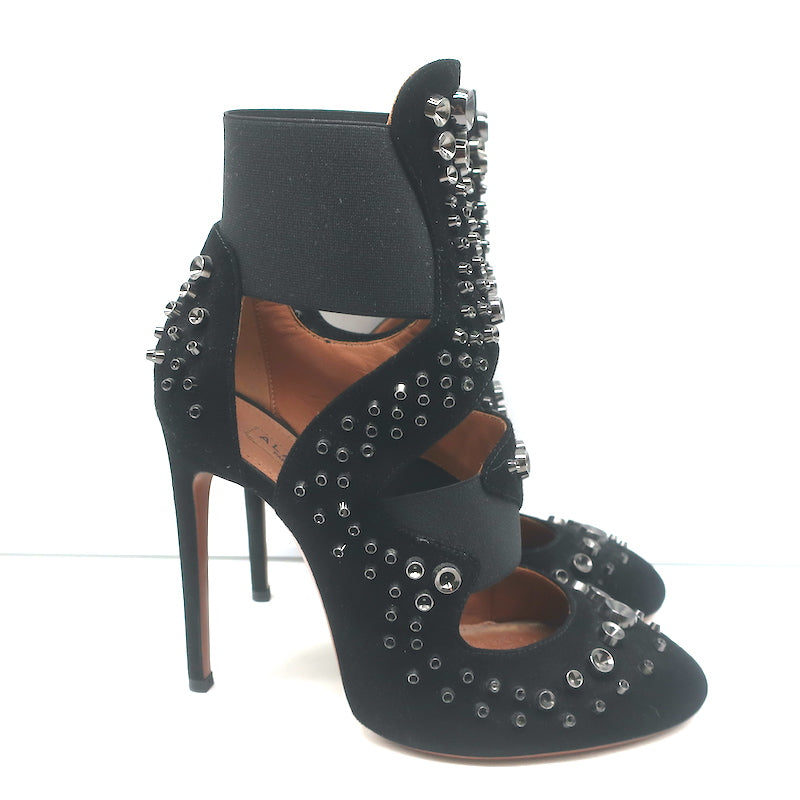 Alaia Cutout Booties Black Studded Suede Size 39 High Heel Ankle Boots