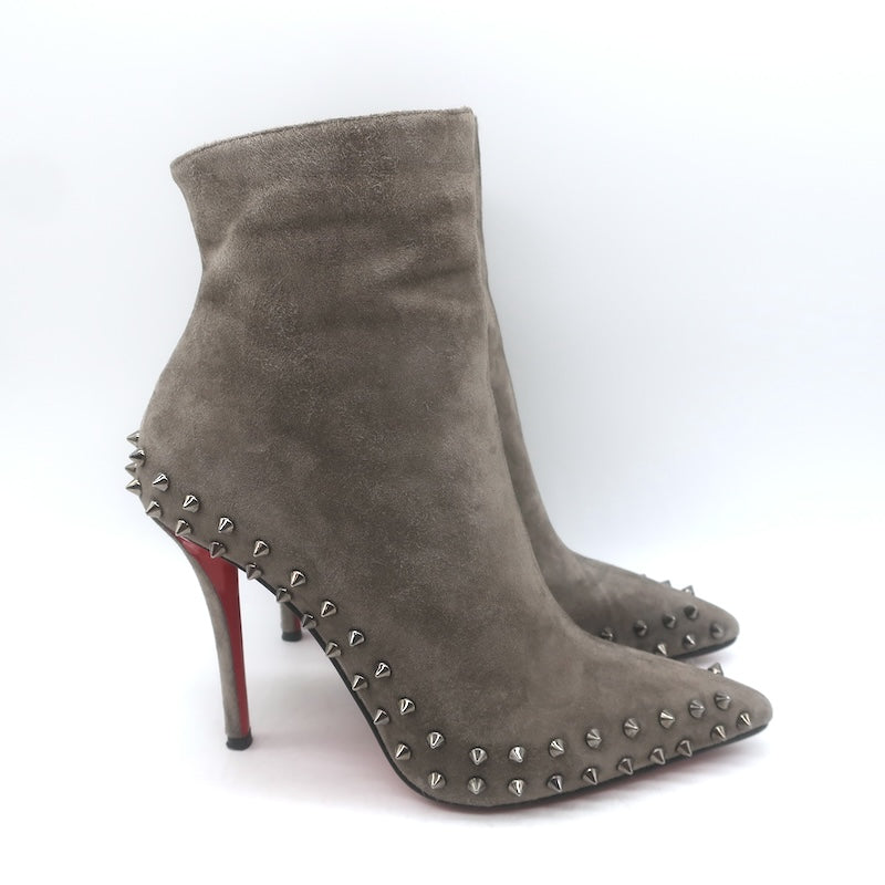 Christian Louboutin Willetta Spiked Ankle Boots Taupe Gray Suede Size 37