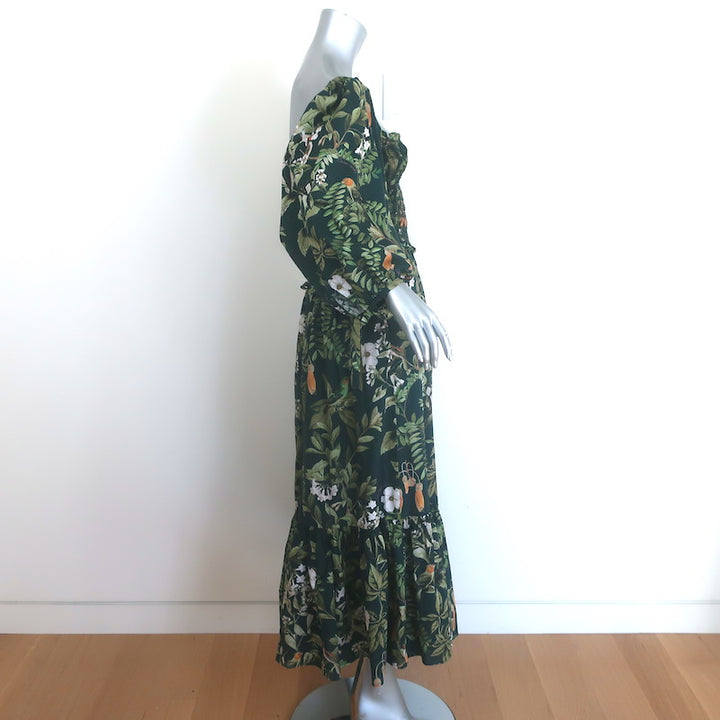 Cara Cara Jazzy Smocked Midi Dress Dark Green Botanical Print Voile Size Medium