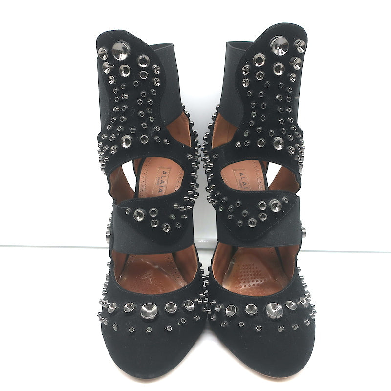 Alaia Cutout Booties Black Studded Suede Size 39 High Heel Ankle Boots