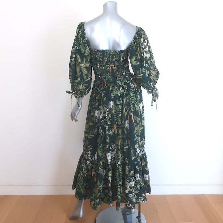 Cara Cara Jazzy Smocked Midi Dress Dark Green Botanical Print Voile Size Medium