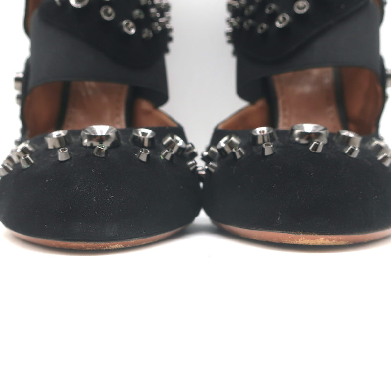 Alaia Cutout Booties Black Studded Suede Size 39 High Heel Ankle Boots