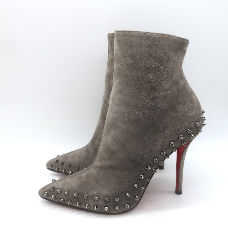 Christian Louboutin Willetta Spiked Ankle Boots Taupe Gray Suede Size 37