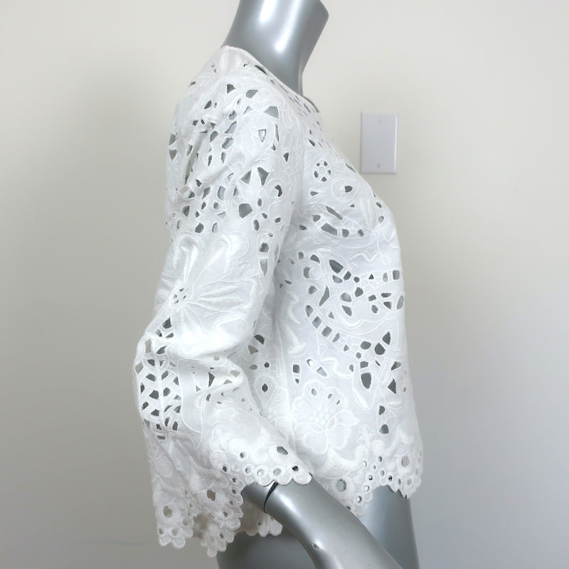 Theory Blouse Brizabela White Embroidered Linen Size Medium Bell Sleeve Top