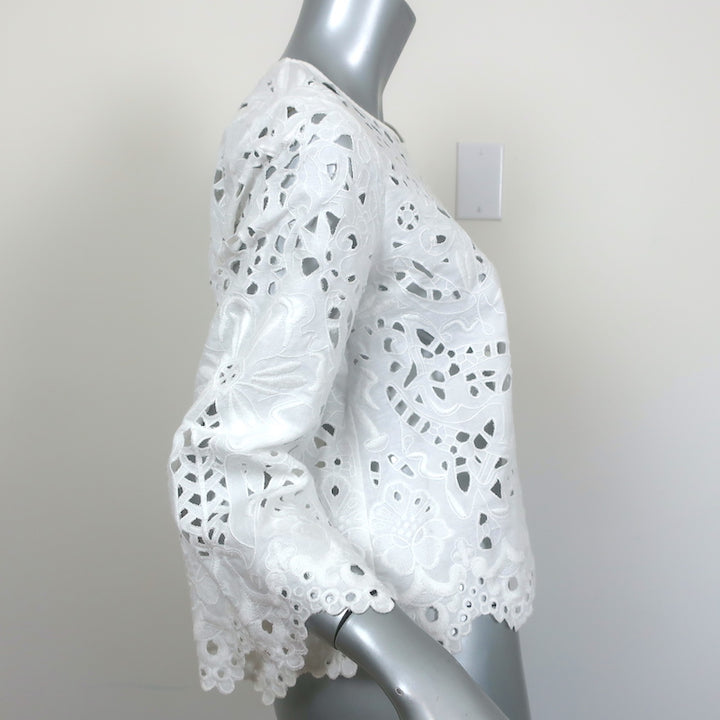 Theory Blouse Brizabela White Embroidered Linen Size Medium Bell Sleeve Top